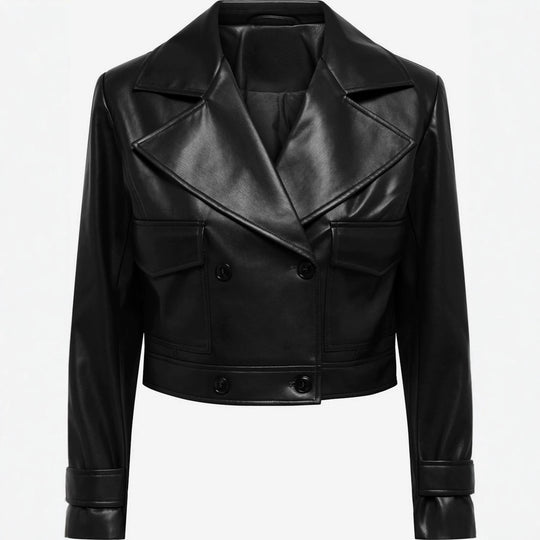 Damen kurz geschnittene Doppelreihige Lederjacke mit breitem Revers Nord Taschen
