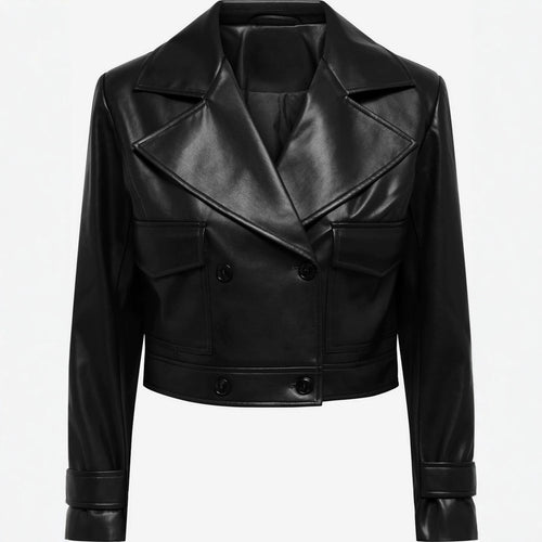 Damen kurz geschnittene Doppelreihige Lederjacke mit breitem Revers Nord Taschen