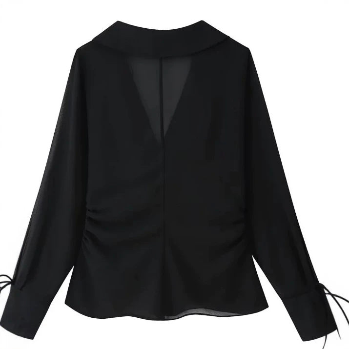 Damen Transparente Chiffonbluse mit Steinbesatz, Bindebändern und V‑Ausschnitt Nord Taschen