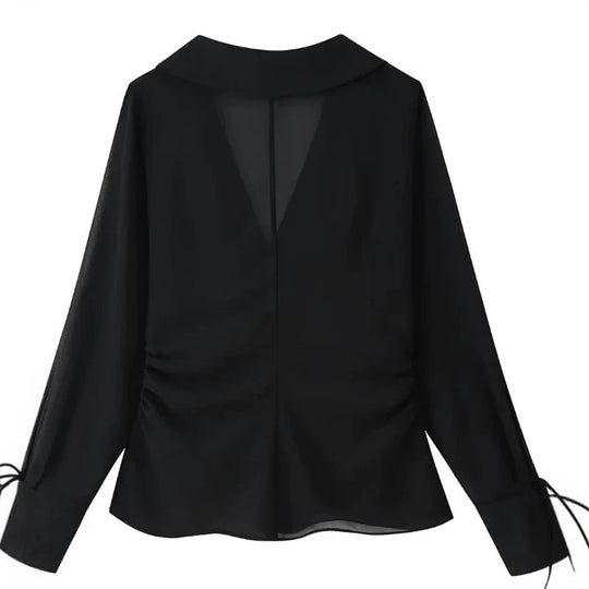 Damen Transparente Chiffonbluse mit Steinbesatz, Bindebändern und V‑Ausschnitt Nord Taschen