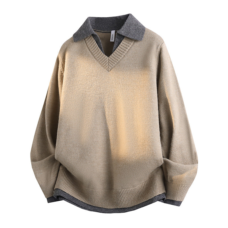Unisex Lässiger Strukturstrick-Pullover mit offenem Polokragen und tiefem V-Ausschnitt Nord Taschen