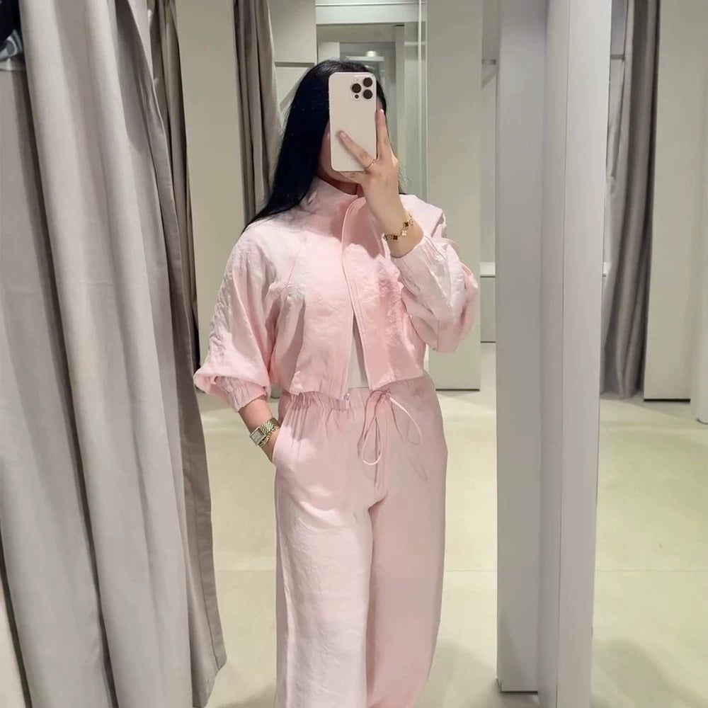 Damen Lässiges Satin-Trackset mit kurzem Reißverschluss-Top & weitem Tunnelzug-Hose Nord Taschen