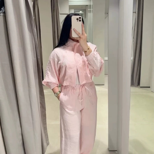 Damen Lässiges Satin-Trackset mit kurzem Reißverschluss-Top & weitem Tunnelzug-Hose Nord Taschen