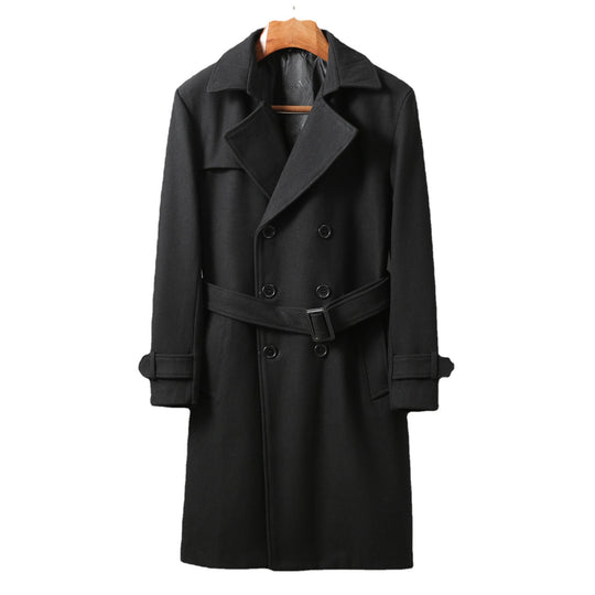 Herren Maxilanger Woll-Mantel im Trench-Look mit doppelreihiger Knopfleiste und Bindegürtel Nord Taschen