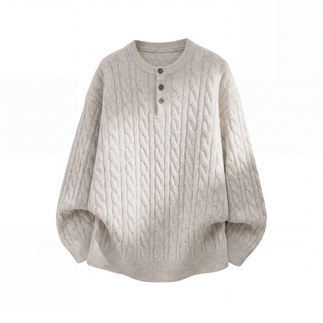 Unisex Oversize Zopfmuster-Strickpullover mit Henley-Knopfleiste Nord Taschen