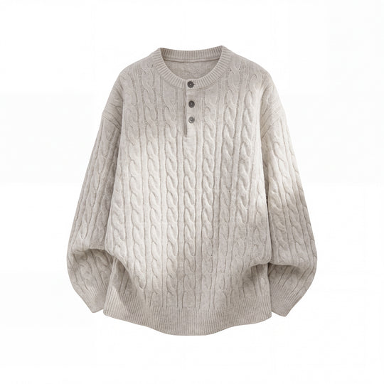 Unisex Oversize Zopfmuster-Strickpullover mit Henley-Knopfleiste Nord Taschen