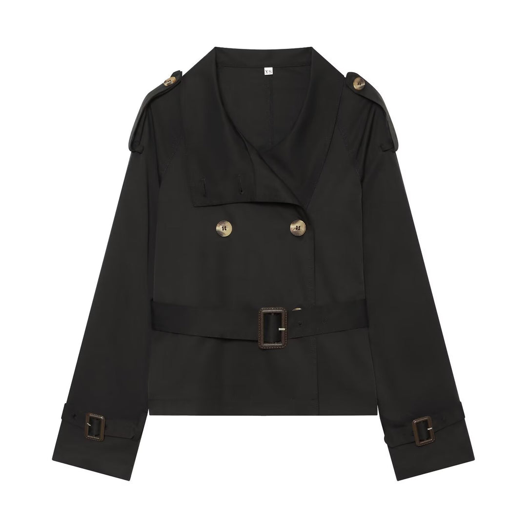 Damen Kurztrench im Boxy‑Stil mit doppelreihigem Verschluss, Schnallenärmeln und Taillengürtel Nord Taschen