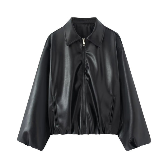 Damen Oversize Kunstleder Blouson mit Reißverschluss und elastischem Saum Nord Taschen