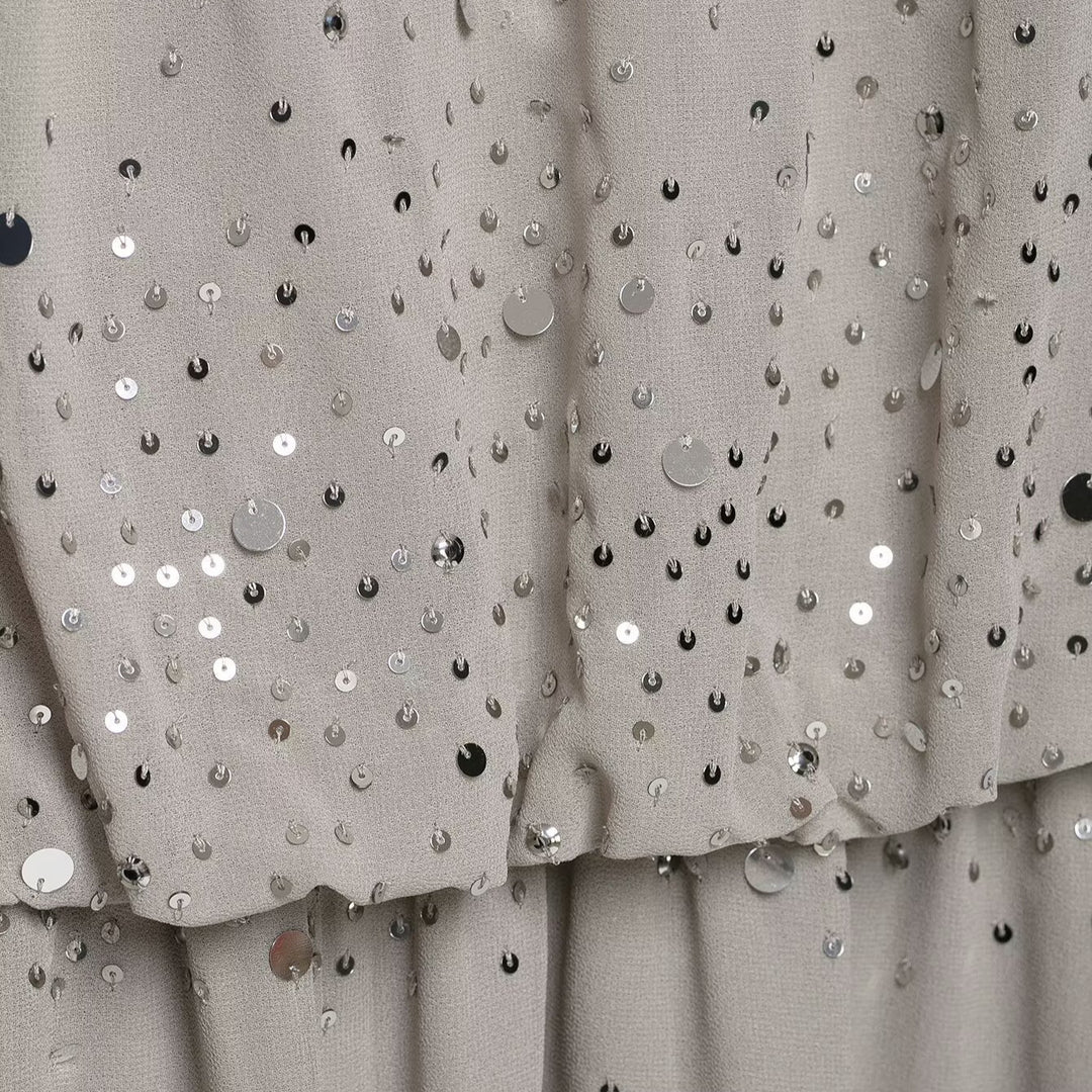 Damen Fließendes Chiffon-Minikleid mit Carmen-Ausschnitt, Volants und Pailletten Nord Taschen
