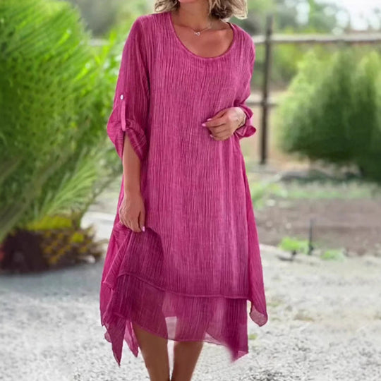 Damen nan weites Musselin-Midikleid mit rundem Halsausschnitt, krempelbaren halblangen Ärmeln und mehrlagigem Stufenrock