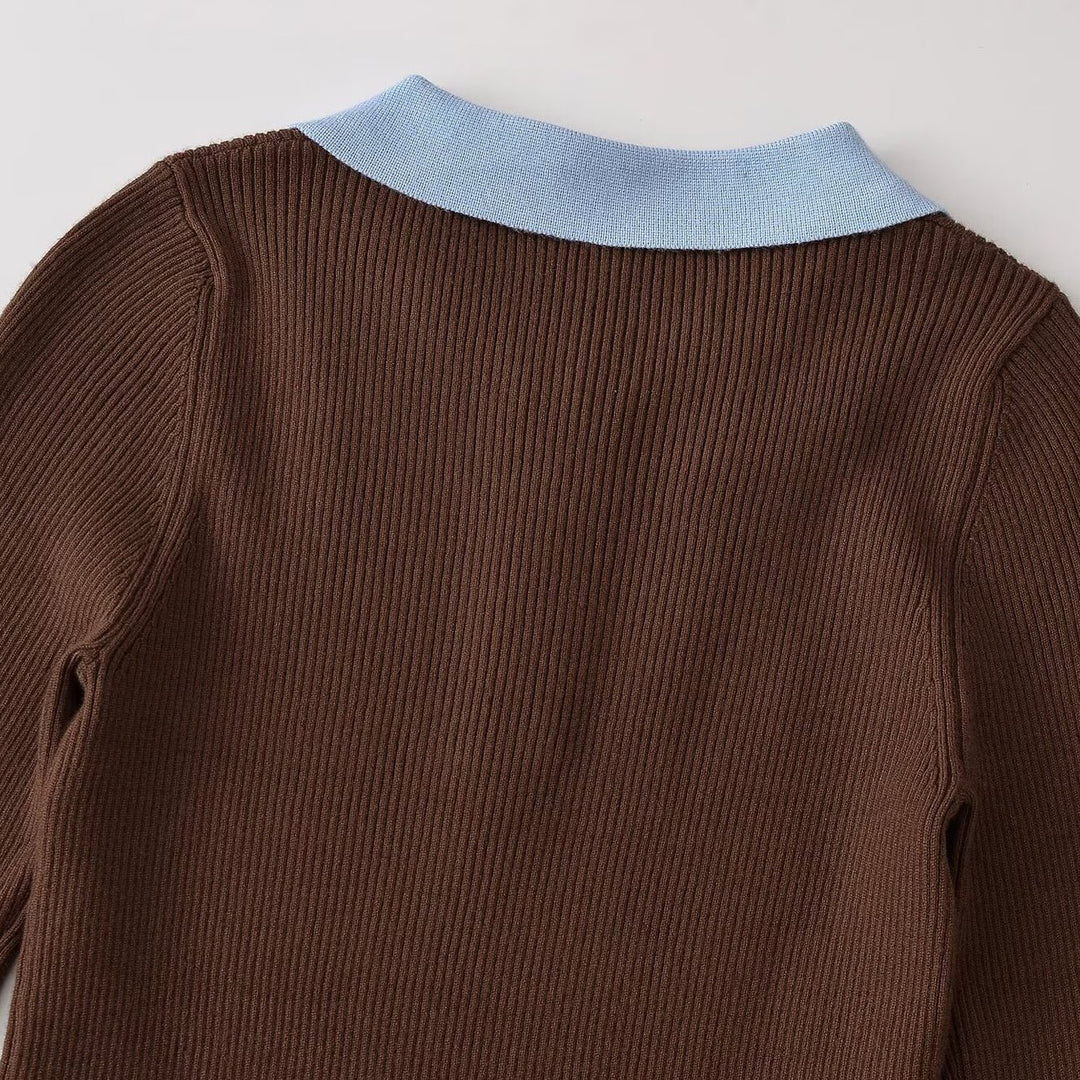 Damen Figurbetonter Rippstrick-Pullover mit Polokragen, Knopfleiste und Colorblock-Details Nord Taschen