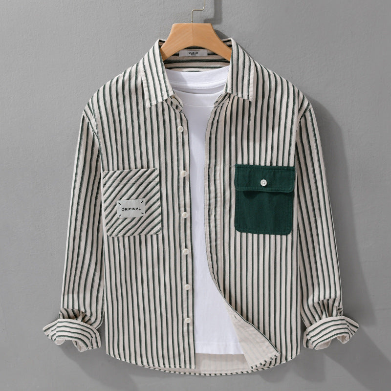 Herren Gestreiftes Overshirt mit Kontrast-Brusttaschen und Kentkragen aus Baumwollmix Nord Taschen