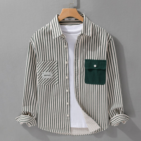 Herren Gestreiftes Overshirt mit Kontrast-Brusttaschen und Kentkragen aus Baumwollmix Nord Taschen