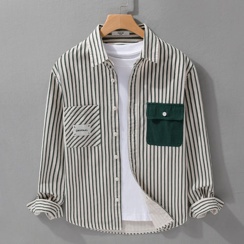 Herren Gestreiftes Overshirt mit Kontrast-Brusttaschen und Kentkragen aus Baumwollmix Nord Taschen