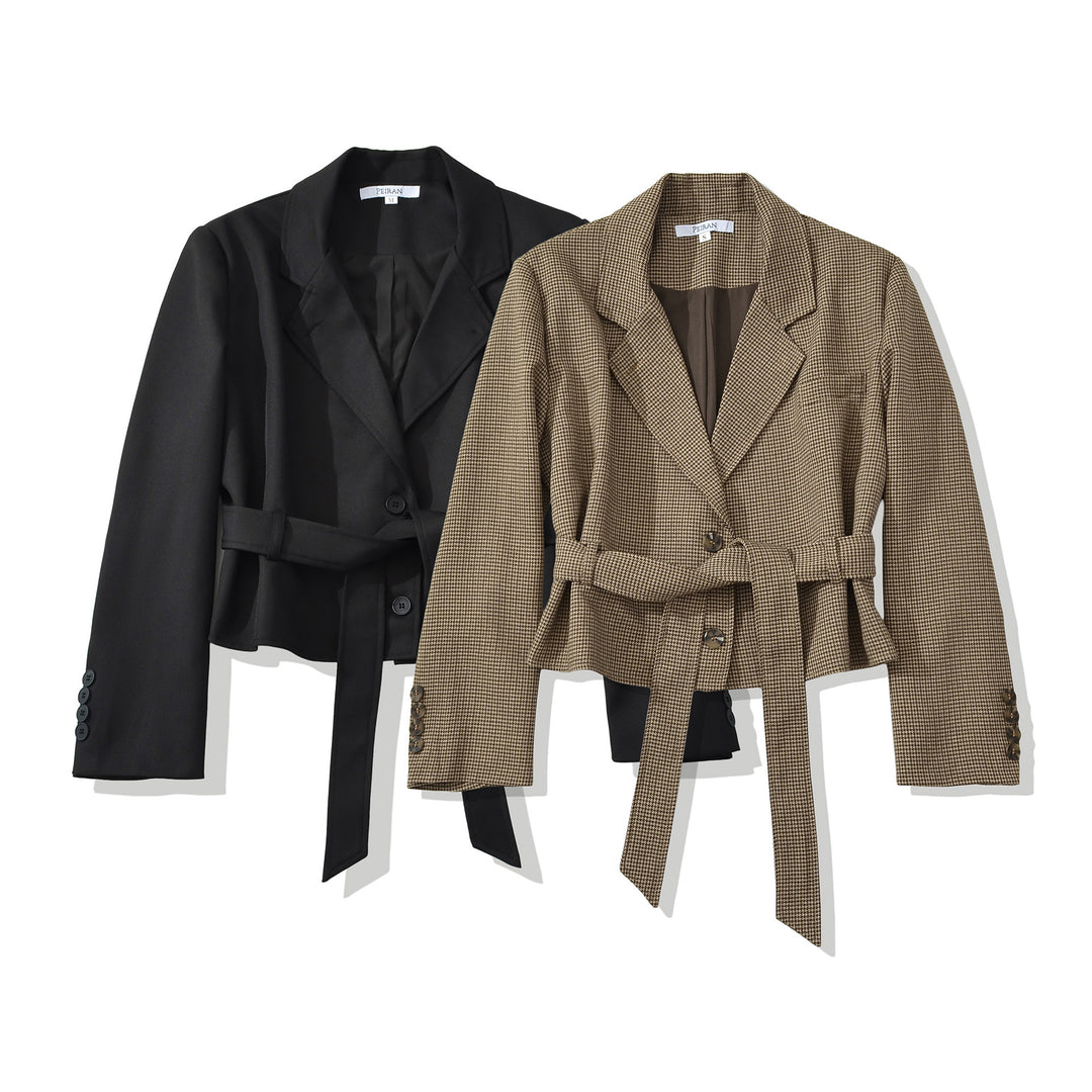 Damen Cropped Blazer mit Taillengürtel, Hahnentrittstruktur und Reverskragen Nord Taschen