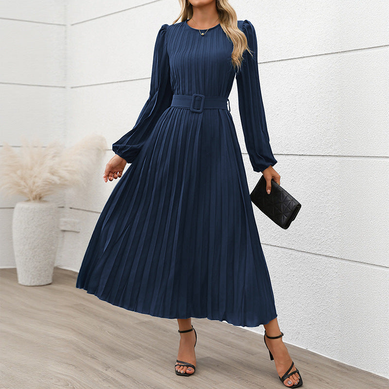 Damen Elegantes Faltenmaxikleid mit Taillengürtel Nord Taschen