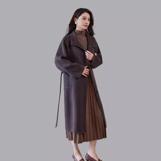 Damen Oversize Wollmantel mit Stehkragen und Taillengürtel Nord Taschen