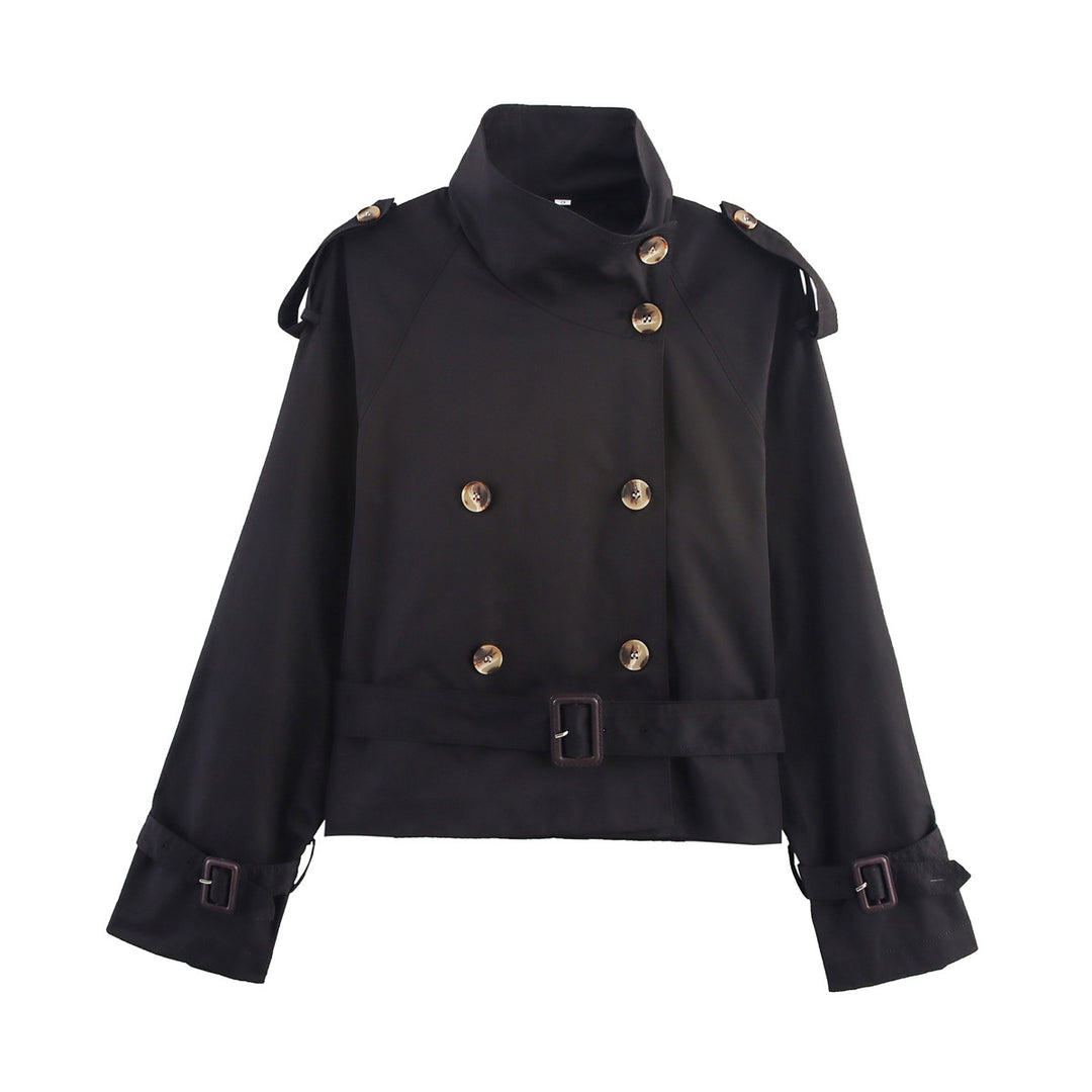 Damen Kurz-Trenchjacke mit Doppelreihe, Stehkragen, Schulterklappen und Taillengürtel Nord Taschen