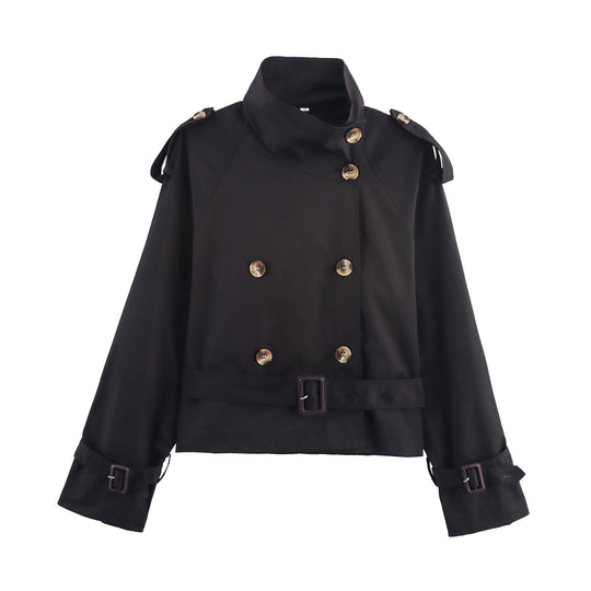Damen Kurz-Trenchjacke mit Doppelreihe, Stehkragen, Schulterklappen und Taillengürtel Nord Taschen