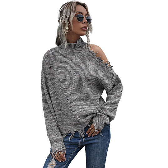 Damen Lässiger Oversized Pullover mit Fransen Nord Taschen