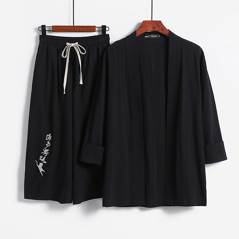 Damen Kimono-Set aus leichter Baumwollmischung offene Jacke mit lässig gekrempelten Ärmeln und weiter Haremshose mit Kordelzug Nord Taschen