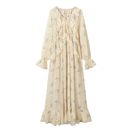 Damen Maxikleid mit Volants, langem Glockenärmel und floralem Chiffon-Design Nord Taschen