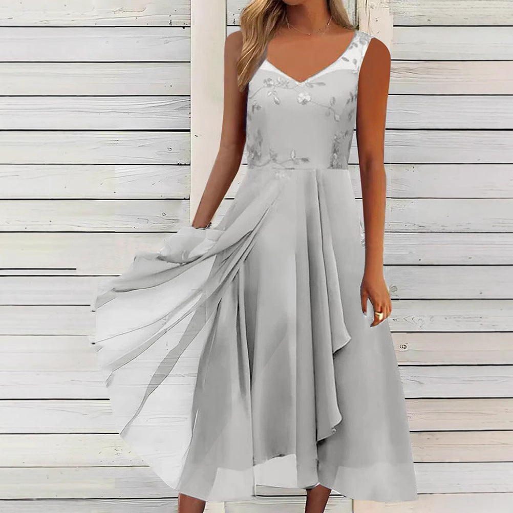 Damen nan A-Linien-Chiffonkleid mit floralem Stickoberteil, V-Ausschnitt, drapiertem Godet-Schwung und verdeckten Seitentaschen