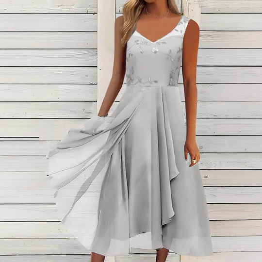 Damen nan A-Linien-Chiffonkleid mit floralem Stickoberteil, V-Ausschnitt, drapiertem Godet-Schwung und verdeckten Seitentaschen