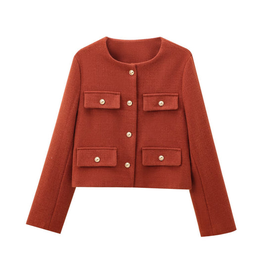 Damen Bouclé-Cropped-Jacke mit vier Pattentaschen und goldenen Schmuckknöpfen Nord Taschen