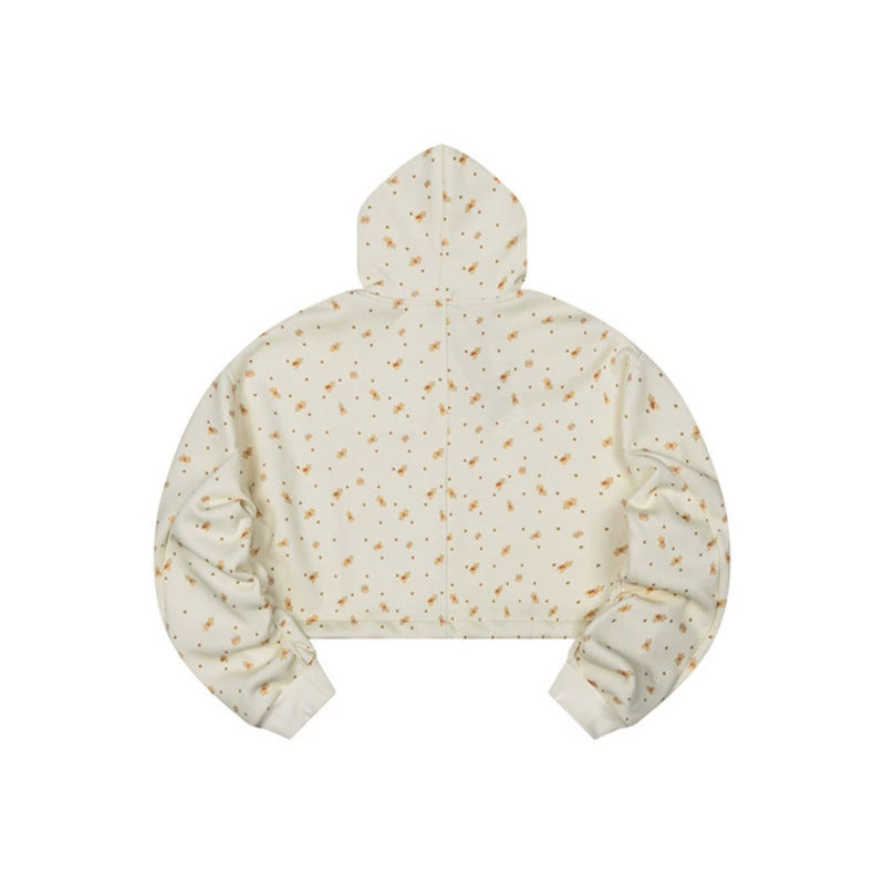 Damen Cropped Kapuzen-Sweatshirt mit Allover-Blumenprint, Brusttasche und gerafftem Saum Nord Taschen