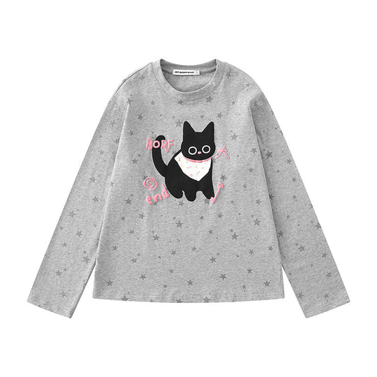 Damen Relaxed-Fit Longsleeve mit Cartoon-Katzenmotiv und tonalem Sternmuster Nord Taschen
