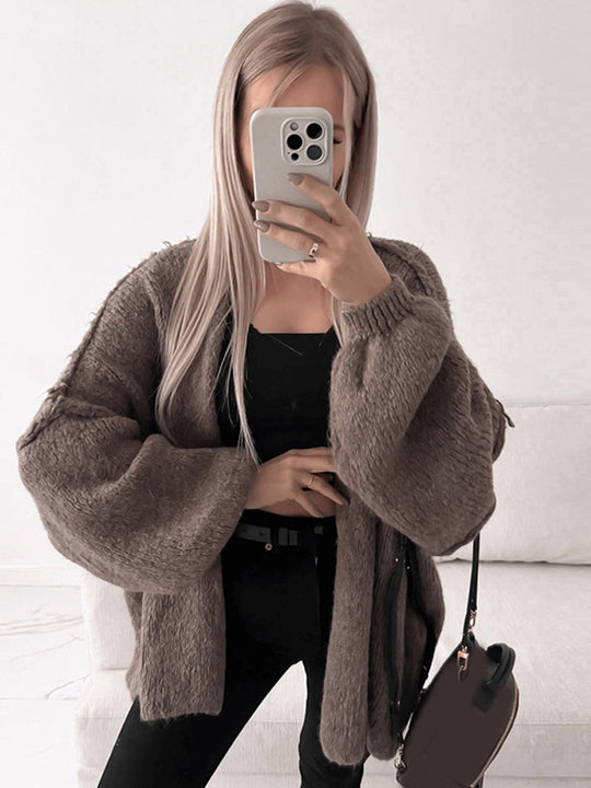 Damen Oversize Strickcardigan mit voluminösen Ballonärmeln und teddyähnlicher Struktur Nord Taschen