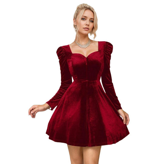 Damen Samt-Kurzkleid mit herzförmigem Dekolleté taillierter Korsagenoptik und voluminösen Puffärmeln Nord Taschen