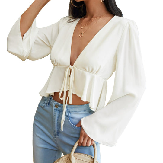 Damen gerafftes Wickel-Cropped-Top mit tiefem V-Ausschnitt, Kordelbindung und weiten Glockenärmeln Nord Taschen