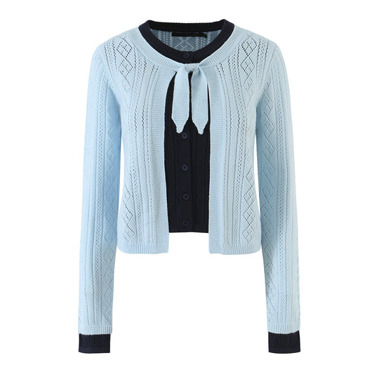 Damen Feinstrick-Zweiteiler Cardigan mit Schleifenkragen und Zierweste Nord Taschen