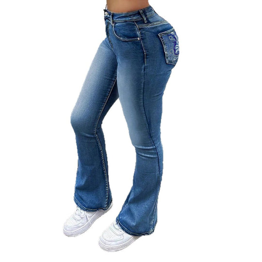 Damen Hochtaillierte Formgebende Bootcut-Jeans mit leichter Used-Waschung Nord Taschen
