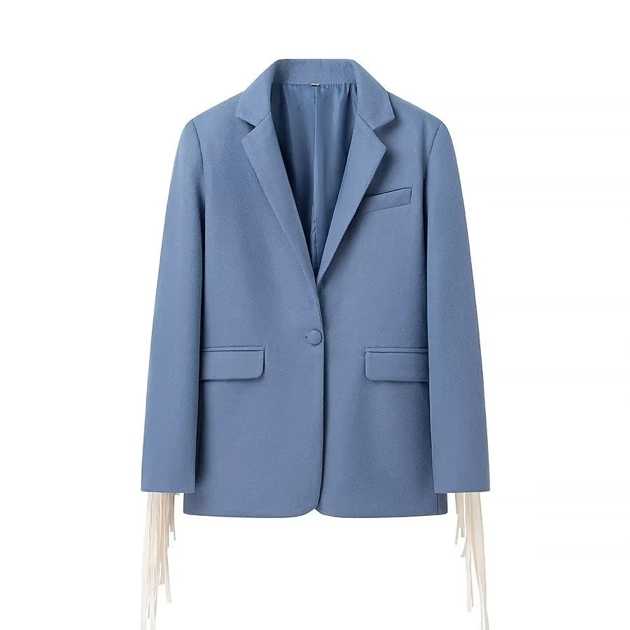 Damen Oversize-Blazer mit langen Fransen und Ziernähten Nord Taschen
