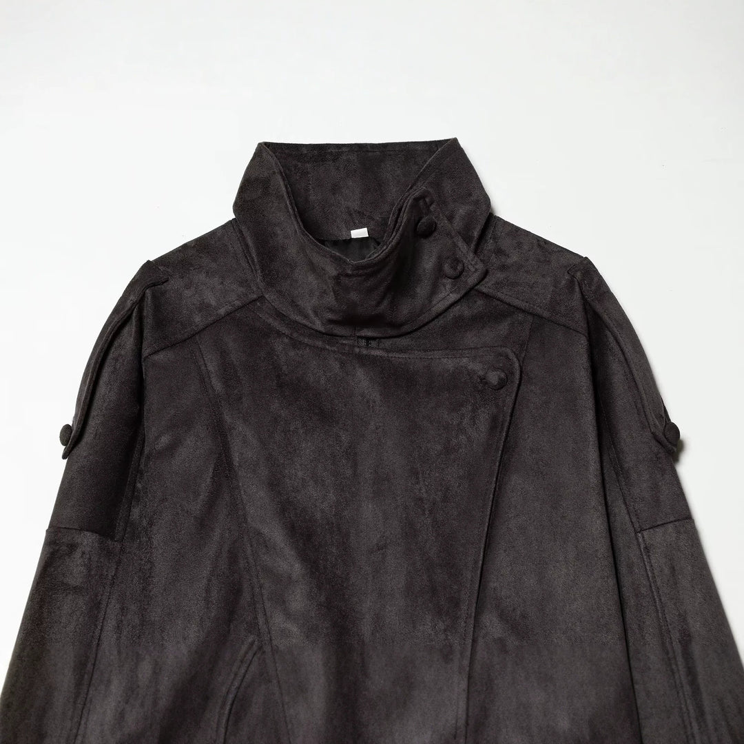 Damen Kurze Velours‑Optik Bomberjacke mit hohem Stehkragen und asymmetrischer Knopfleiste Nord Taschen