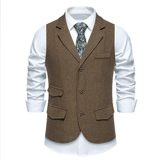 Herren Tweed-Weste mit Fischgrätstruktur, Reverskragen und Pattentaschen Nord Taschen