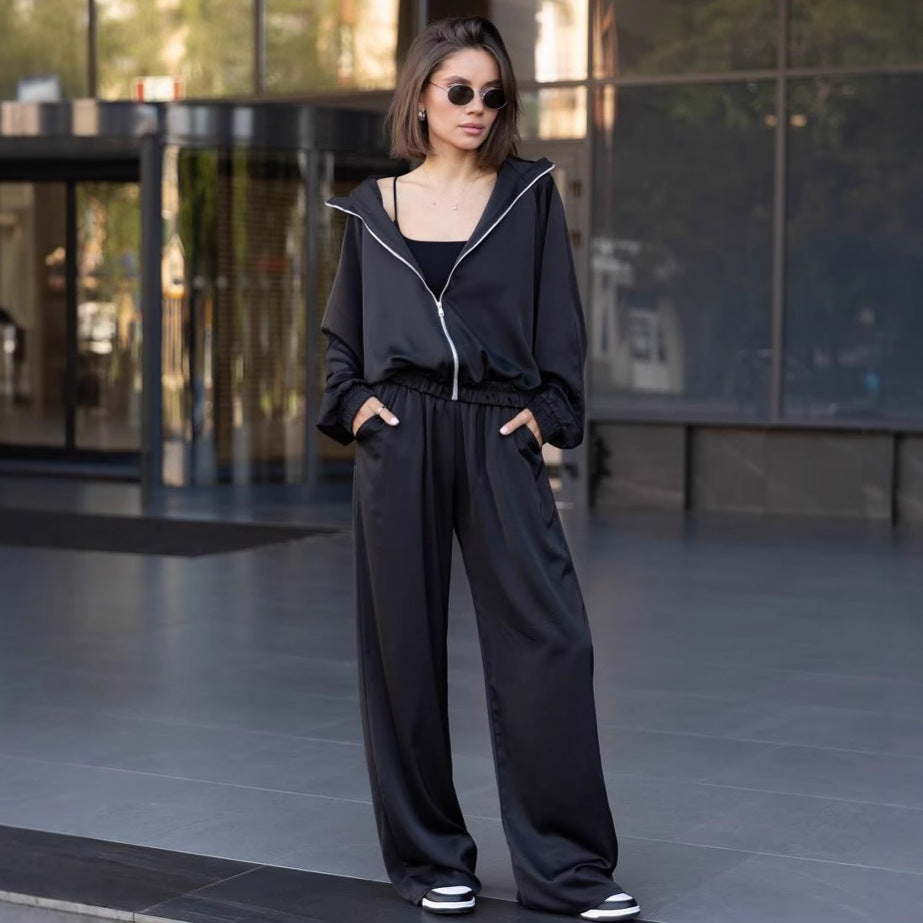 Damen lässiges Zweiteiler Set aus fließender Satinoptik mit weitem Bund und Crop-Top Nord Taschen