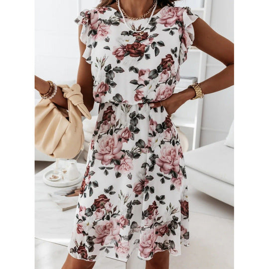 Damen Sommerliches Blumenkleid mit Rüschendetails und Taillengürtel