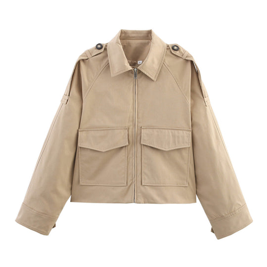Damen Kurz geschnittene Utility-Jacke im Military‑Look mit Pattentaschen, Schulterklappen und Reißverschluss Nord Taschen