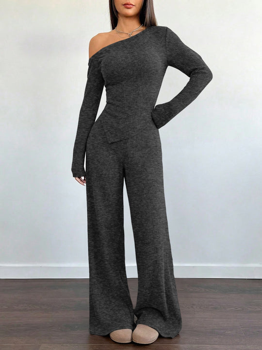 Damen Asymmetrisches Strick-Lounge-Set mit One-Shoulder-Oberteil und weitem Bein Nord Taschen