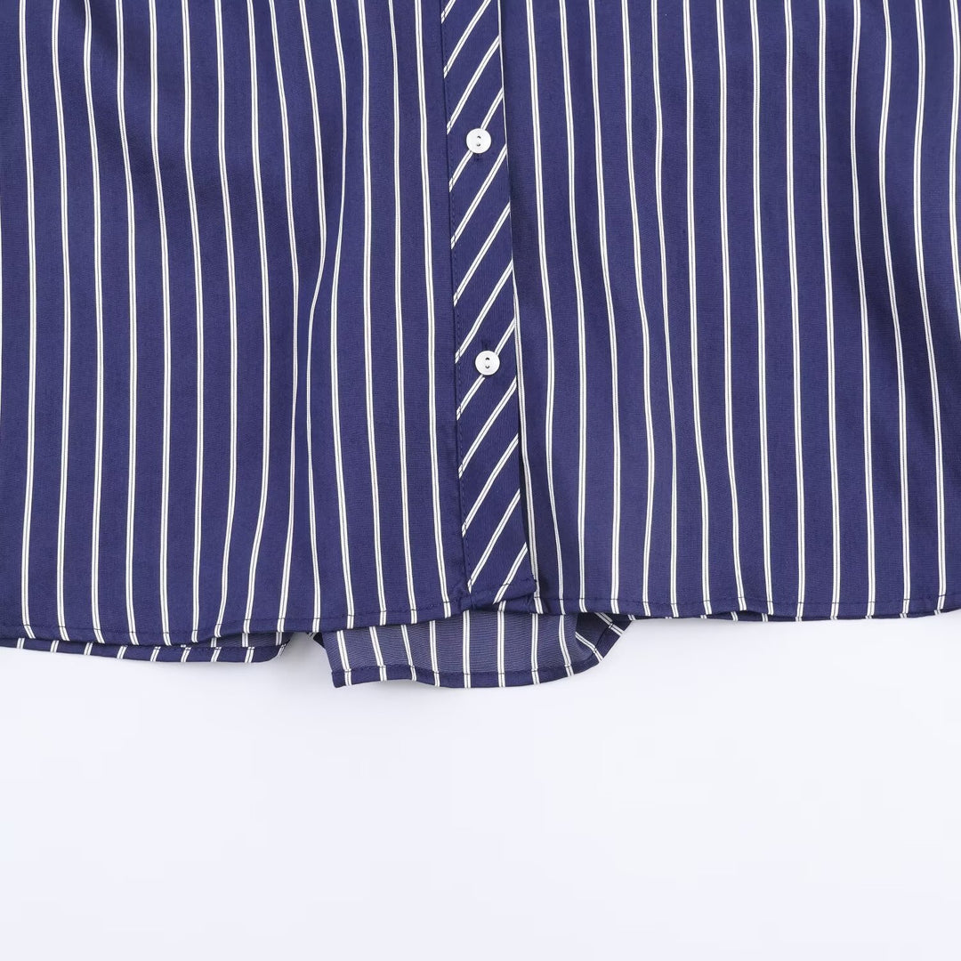 Damen Oversized Hemdbluse mit vertikalen Streifen, Ballonärmeln und breiten Manschetten Nord Taschen