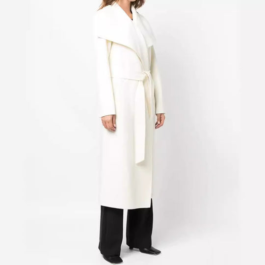 Damen Taillierter Wickelmantel im Kimono‑Look mit weitem Schalkragen und Bindegürtel Nord Taschen