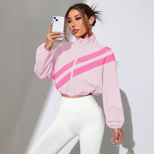 Damen Cropped Windbreaker mit Stehkragen, Reißverschluss und Kordelzugtaillierung Nord Taschen