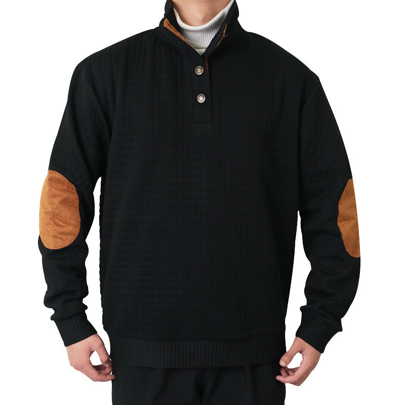 Herren Waffelstrick-Halbzip-Pullover mit Stehkragen Lederbesatz und Ellbogenpatches Nord Taschen