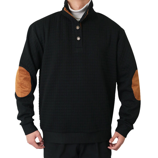 Herren Waffelstrick-Halbzip-Pullover mit Stehkragen Lederbesatz und Ellbogenpatches Nord Taschen