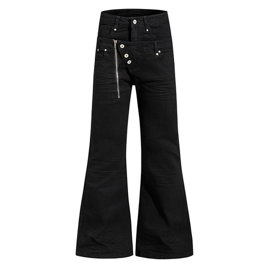 Damen Weite Schlaghose aus Denim mit asymmetrischem Reißverschluss und Knopfverschluss Nord Taschen