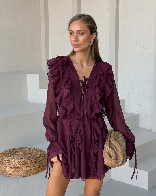 Damen Romantisches Chiffon-Minikleid mit Volants und Schnürdetail Nord Taschen